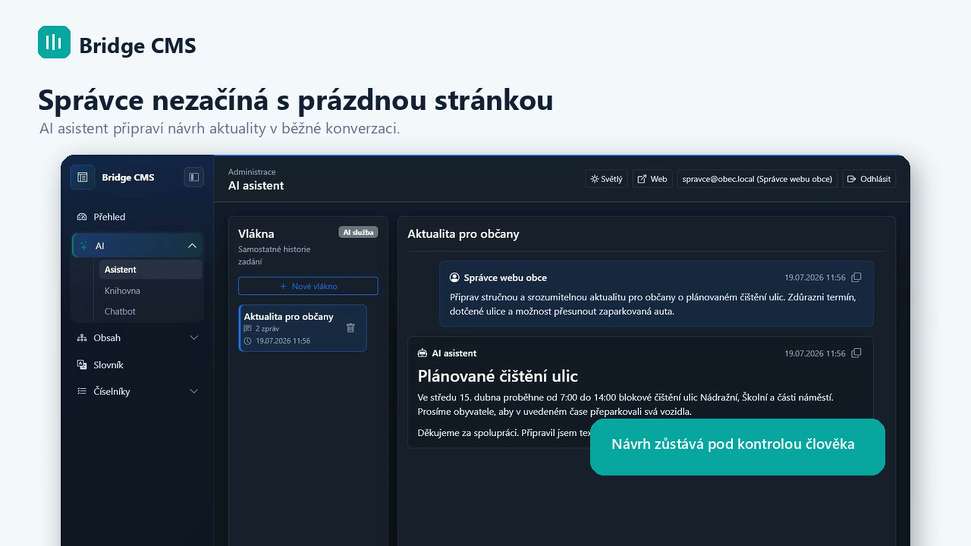 AI asistent v Bridge CMS připravuje aktualitu pro občany